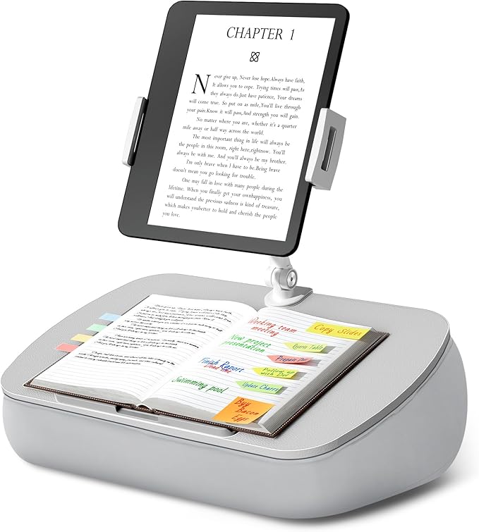 Lap Beanbag Cozy Kindle Pillow Stand for Bed with Adjustable Arm, 360° Tablet Holder, Fits 4.7"-13" Kindle, iPad, Phone, Laptop, Lap Desk for Hands Free Reading in Bed, Couch, Sofa(Light gary)