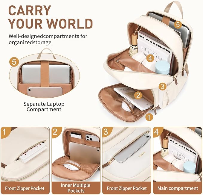 TENSTAR Laptop Backpack for Women, Computer Backpack Fit 16 Inch Notebook, Large Capacity College Backpack Bookbag Casual Daypack for Travel, Apricot