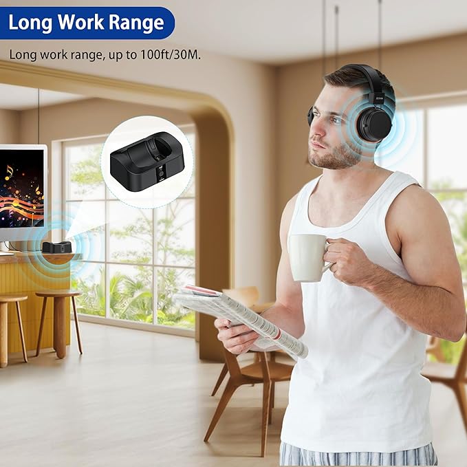 BESIGN BTH02 Wireless Headphones for TV Watching with Bluetooth Transmitter Charging Dock, TV Headphones Wireless for Seniors, Bluetooth Headsets, 100ft Range No Audio Delay