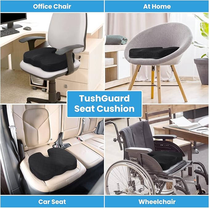 TushGuard Seat Cushion, Office Chair Cushions, Car Seat Cushion, Non-Slip Sciatica & Back Coccyx Tailbone Pain Relief Chair Pad for Computer Desk, Wheelchair, Driving (Black, X-Large)