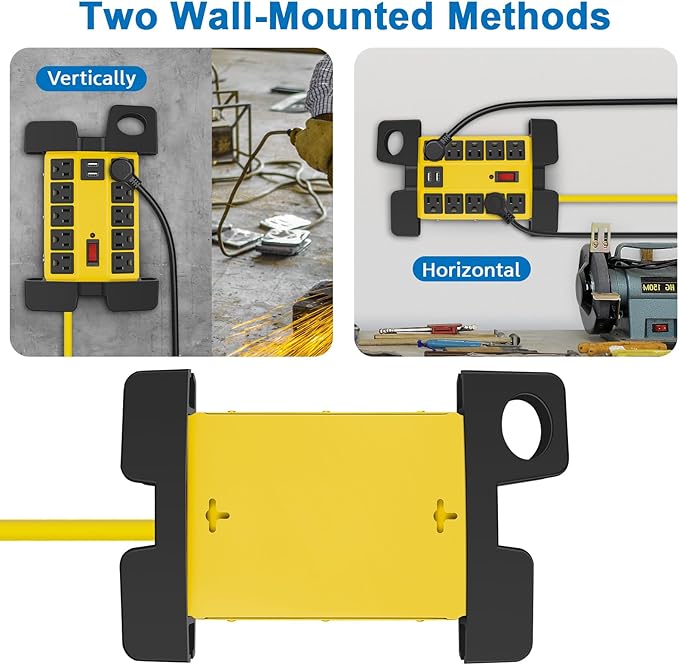 CCCEI Heavy Duty Power Strip with USB Ports, Garage 10 Outlets Surge Protector 2700 Joules, Industrial Workshop Metal 15Amp Multiple Outlets, 6 FT Extension Cord and Wide Spaced Yellow.