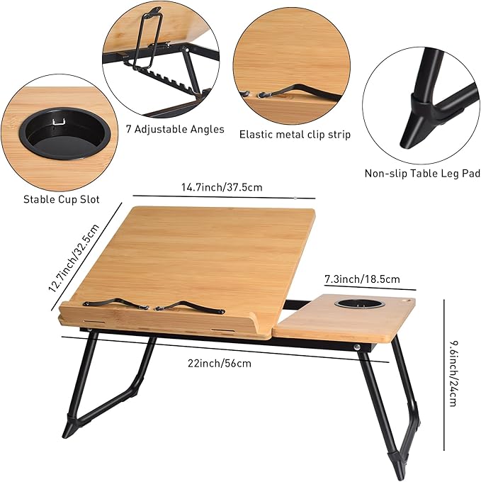 wishacc Book Stand for Reading in Bed, Bamboo Laptop Stand Adjustable Book Holder Tray with Page Paper Clips Multi Angles Adjustable Cooking Bookstands for Textbook Recipe Magazine Tablet Portable