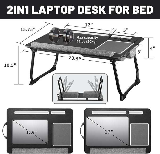 Lap Desk Bed Desk,17In Foldable Laptop Bed Tray Table with Mouse Pad,Wrist Rest and Adjustable Dual Cushion, Portable Wood Laptop Stand for Bed Sofa,Multifunctional Slot for Tablet & Phone