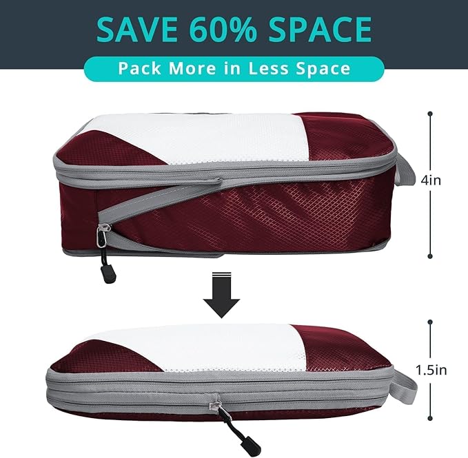 3 Set Compression Packing Cubes for Travel - Compressible, Lightweight, and Space-Saving Packing Cubes, Travel Essentials for Women, Wine