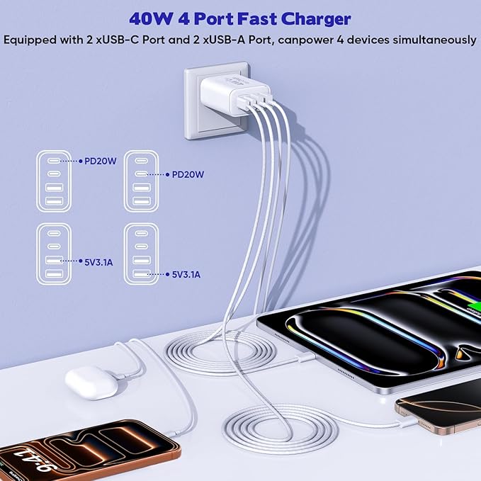 iPhone 17 16 USB C Fast Charger Block,USB C Charging Block 2-Pack 40W Type C 4in1 Multiport Fast Plug Wall Charger for iPhone 17 Pro Max/17 Air/17 Pro/16 Plus/16e/15 Pro Max/14/13/12/Xs Max/XR/X,iPad