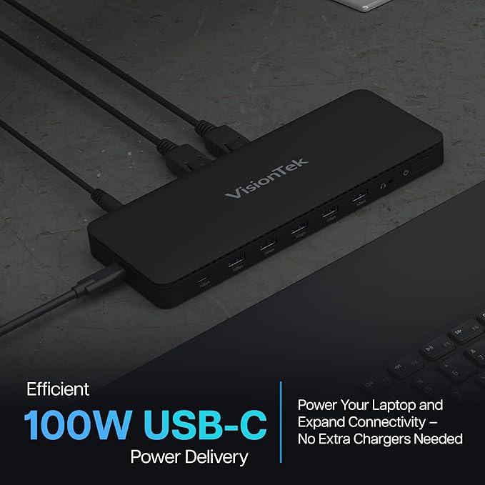 VisionTek VT4600DL Laptop Docking Station for Windows, MacOS or ChromeOS — Connect with USB-C or USB-A, 100W Laptop Charging, Dual 4K Displays, 2X HDMI, 2X DisplayPort, USB-A, USB-C, Audio, Ethernet