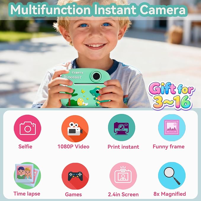 Kids Instant Digital Cameras for Boys and Girls, 1080P Video Digital Kids Camera That Print Photos with 32G Card,Portable Toddlers Camera Christmas Birthday Gifts Toys for Age 3-16 Years Old