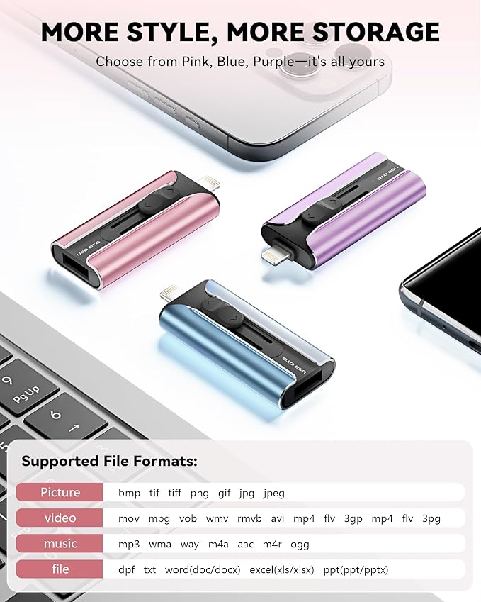 MFi Certified 256GB Flash Drive for iPhone USB Memory Stick Thumb Drives, High Speed USB Stick iPhone Flash Drive for Photos Videos,Photo Stick External Storage for iPhone/iPad/Android/Laptop (Pink)