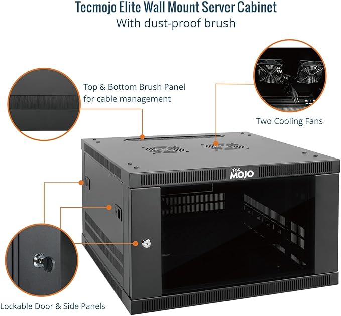 Tecmojo 6U Wall Mount Rack Cabinet, Heavy-Duty 176 Lbs High Load Capacity, 19” Enclosed Server Network Rack with Glass Door, 17.7” Deep – Elite Collection