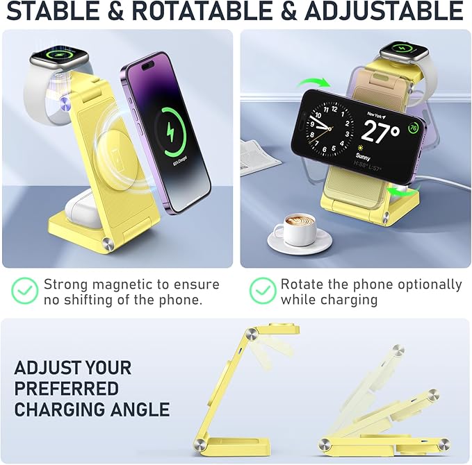 Magnetic Wireless Charger Stand, 3 in 1 Foldable Wireless Charging Station, Travel Charger for Multiple Devices for iPhone 16 15 14 13 12 Series, Apple Watch Ultra/SE/9/8/7/6/5/4/3/2, AirPods