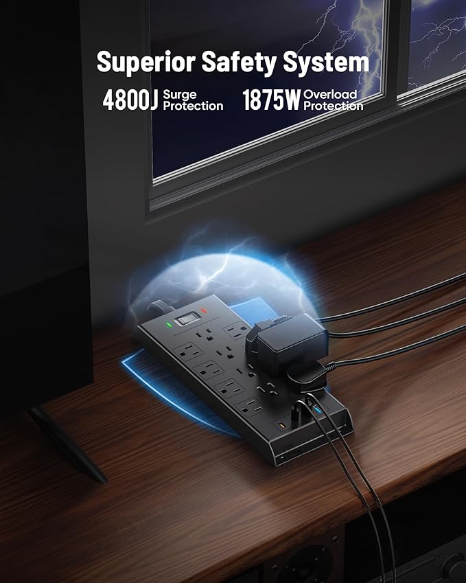 Surge Protector Power Strip 4800J, LeZone 10Ft Long Extension Cord Flat Plug, 12 Outlets 2 USB C 2 USB Ports, Wall Mountable, 20W Desk Charging Station, Black