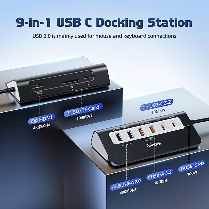 USB C Hub 10Gbps, 9-in-1 USB C Docking station 3.28FT with 4K@60Hz HDMI, Type-C & 2 Type-A 3.2, 2 USB-A 2.0, PD 100W, SD/TF Port, Black Aluminum USB Hub for Laptop, iPhone 16/15, MacBook Air/Pro