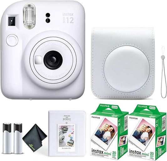 Fujifilm Instax Mini 12 Instant Camera Clay White Bundle with Fuji Instax Mini Film Value Pack (40 Sheets) + Protective Carrying Case + Photo Album + Microfiber Cleaning Cloth