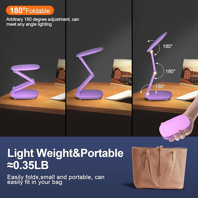LED Desk Lamp for Office Home & Battery Operated Lamp Rechargeable Lamp Foldable & Portable Light, [2-Fold Bracket] 3 Brightness Dimmable Small Desk Lamp Wireless Reading Lamp (Purple)