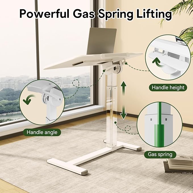 Rolling Laptop Desk, 180° Tiltable Mobile Standing Desk Height Adjustable, Overbed Bedside Table, Portable Computer Desk with Wheels, Foldable Laptop Cart for Home Office, White