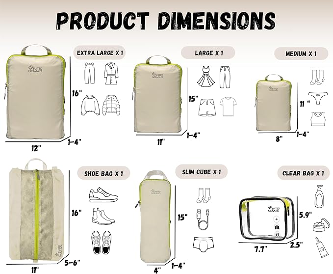 SUITEDNOMAD Ultralight Compression Packing Cubes Set, Suitcase and Backpack Travel Organizer Bags
