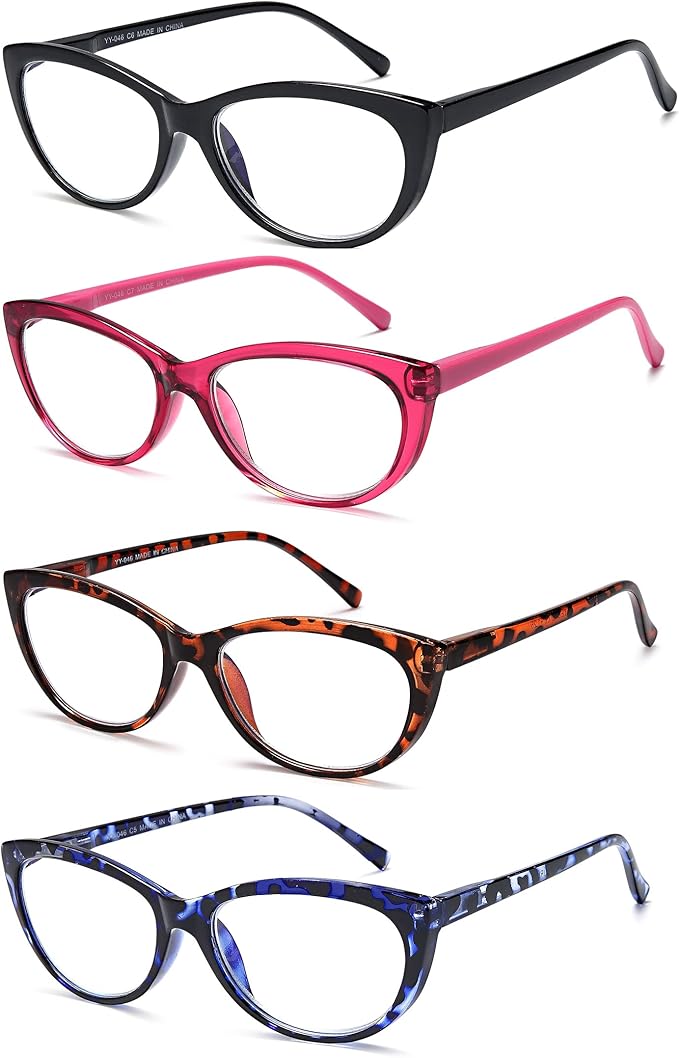 EYEURL 4 Pack Cat Eye Reading Glasses for Women, Blue Light Blocking Readers Lightweight Spring Hinge Anti Eyestrain UV Fashion Eyeglasses +1.75