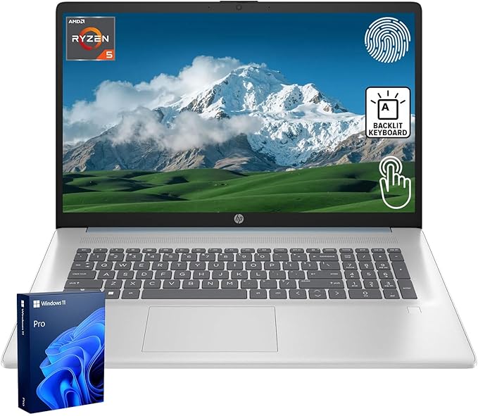 HP 17.3" Business Laptop, 17.3" HD+ Touchscreen, AMD Ryzen 5 7430U, 32GB RAM, 2TB PCIe SSD, Backlit Keyboard, Fingerprint Reader, Webcam, HDMI, Wi-Fi 6, Windows 11 Pro, Blue