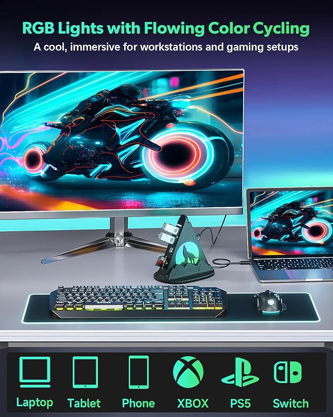 USB C Hub Multiport Adapter, 8-in-1 USB C Dock with HDMI 4K@30Hz, PD 100W, 5Gbps USB-A 3.0x3, USB-Cx1, SD/TF Card Reader, Wolf Gaming RGB USB Tower Hub for MacBook, iPhone16, XPS, Surface, iPad, etc.