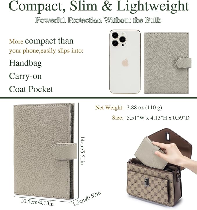 Passport Wallet for Women – RFID Blocking Passport Cover with 1 Passport Slot & 3 Card Slots, Coin Pocket & SIM Slot – Slim Genuine Leather Travel Organizer Grey