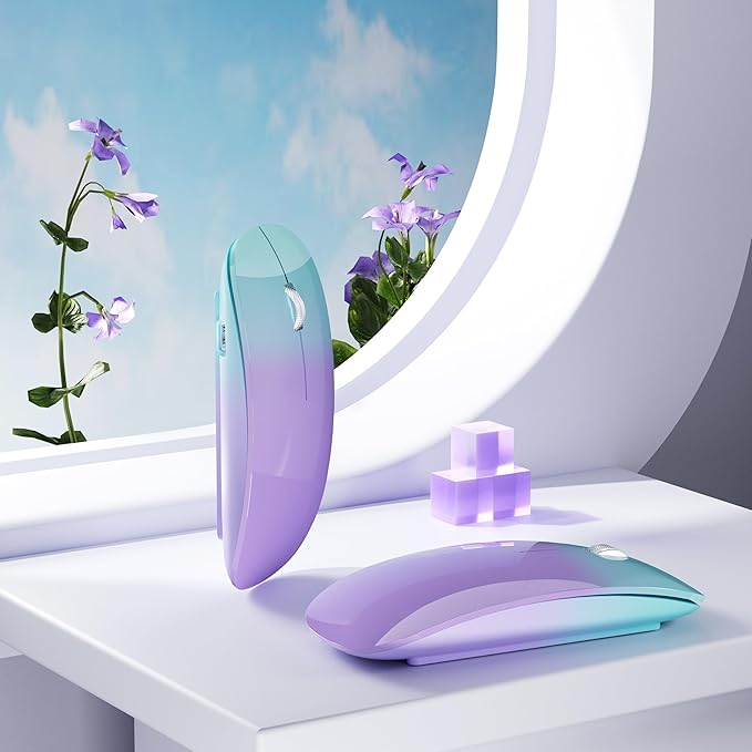 TENMOS M18 Bluetooth Mouse, USB C Rechargeable Wireless Mouse, Triple Mode (Dual Bluetooth+USB) Silent Mice Portable with USB Receiver and Type C Adapter for Laptop/MacBook/iPad - Green and Purple