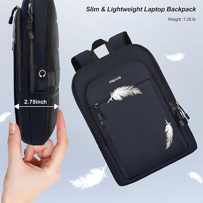 MOSISO Laptop Backpack for Men, Slim Lightweight Compact Computer Backpack for College Work Business Office Travel, 15.6 inch Waterproof Commute Laptop Bag Casual Daypack with Luggage Strap, Navy Blue