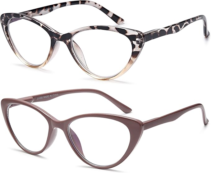 EYEURL Cat Eye Reading Glasses for Women 2 Pair Blue Light Blocking Readers 3.00 Comfort Spring Hinge Lightweight Eyeglasses Anti Glare for Ladies