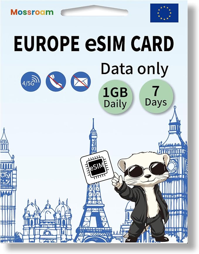 eSIM for Europe Travel,1GB Data/Daily 7 Days at 4G/5G speeds,Data Only eSIM,Use Europe eSIM in UK & 30+ Countries in The EU