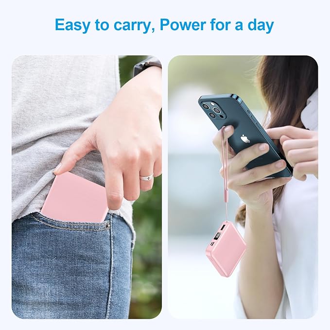 Portable Charger with Built-in Cable,12000mAh 22.5W Fast Charging Small Power Bank,USB C Input/Output with Smart LED Display,External Battery Pack for iPhone,Tablet,Samsung