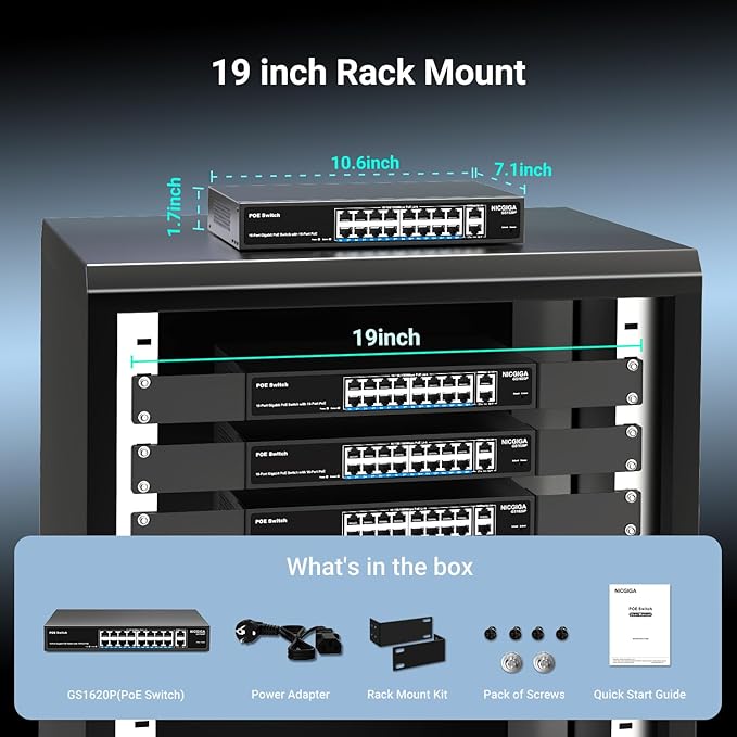 NICGIGA 18 Port PoE+@250W Switch - 16 Ports, 2 Gigabit Uplink, VLAN Mode, RackMount, Plug and Play