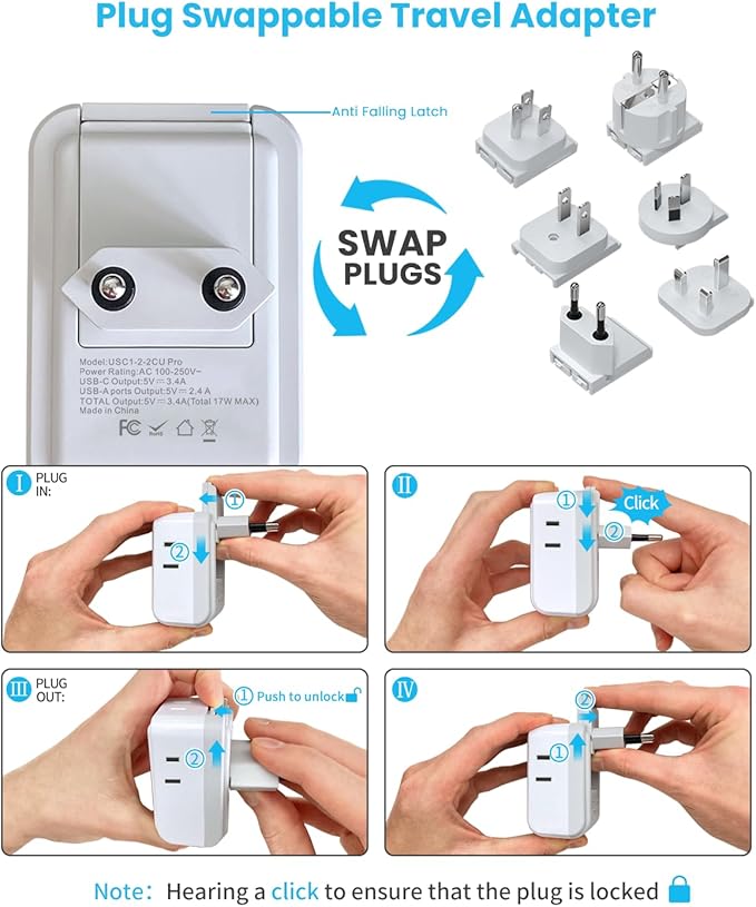 VINTAR Universal Travel Adapter Kit, International Power Adapter with 4 AC & 3 USB Ports(2 USB C), Type A,B,C,E/F,G,I, Swap Adapt Attachments, Travel Adapter Worldwide for Europe/UK/Aus/Japan/Africa