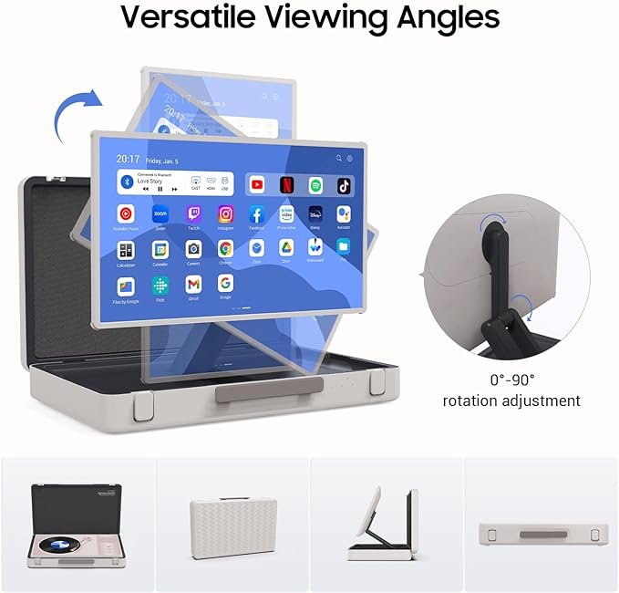 apolosign packgo 27-Inch Portable Entertainment System, Compact Suitcase Design Smart TV, Android OS, Bluetooth 3D Speakers, Built-in Battery 6H, Briefcase Screen Perfect for Travel & Parties (White)