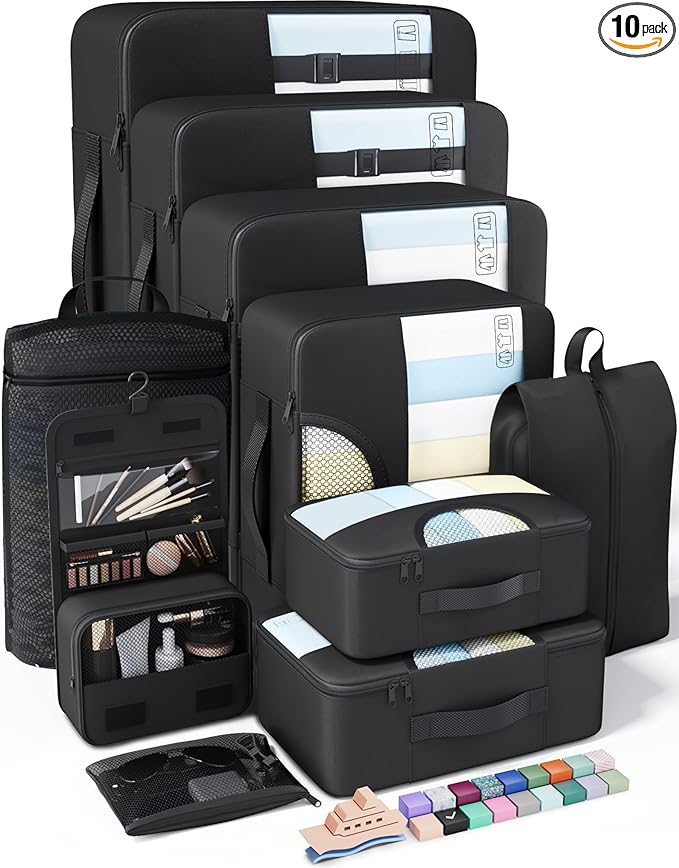 Veken 10 Set Packing Cubes for Travel Essential, Suitcase Organizer Bags in 4 Sizes, Carry-On Luggage Accessories with Large Laundry & Hanging Toiletry Bag, Must-Have for Airplane, Road Trip & Camping