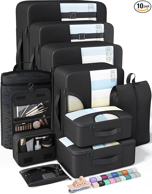 Veken 10 Set Packing Cubes for Travel Essential, Suitcase Organizer Bags in 4 Sizes, Carry-On Luggage Accessories with Large Laundry & Hanging Toiletry Bag, Must-Have for Airplane, Road Trip & Camping