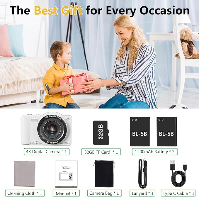 Digital Camera for Photography - WiFi 4K 75MP Vlogging Cameras for YouTube, Touchscreen Autofocus Point and Shoot Digital Camera for Teens Adult Beginner with 16X Zoom, 32GB Card, 2 Batteries(White)