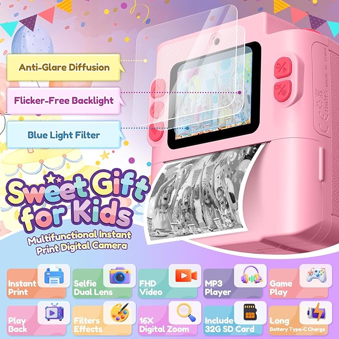 Gift for 3-12 Year Old Girls: Kids Camera Digital Instant Print 1080P Dual Camera Toys Birthday Christmas Valentines Gifts for Kid Girls Boys Ages 3 4 5 6 7 8 9 10 with 32G SD Card Storage Bag Pink