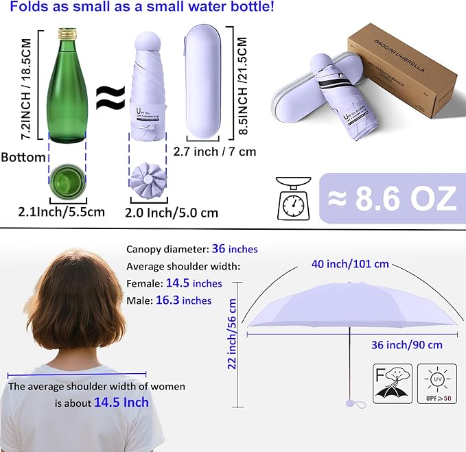 BAODINI Travel Mini Umbrella for Purse With Case Small Compact UV Sun Protection Sun Lightweight Tiny Pocket Manual Open Close Umbrella for Women Kids and Men