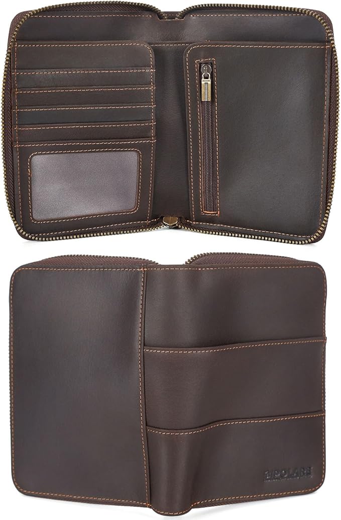 Polare Full Grain Leather Travel Passport Wallet with YKK Zipper and RFID Blocking Document Organizer Holder 2 Passports (Dark Brown)