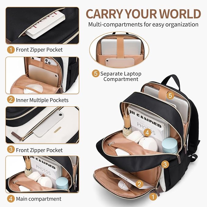 TENSTAR Laptop Backpack for Women, Computer Backpack Fit 16 Inch Notebook, Large Capacity College Backpack Bookbag Casual Daypack for Travel, Black with Beige