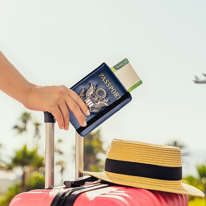 TOURSUIT RFID Blocking Passport Holder for Women Men, Leather Passport Travel Wallet with Metal 3D Metal Badge, Travel Document Holder Cover Accessories (Dark Blue)