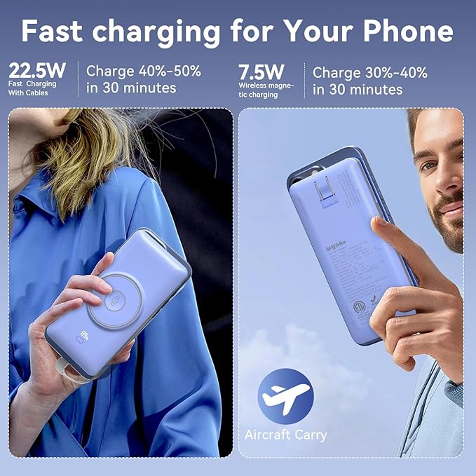 Magnetic 10000mAh Portable Charger for iWatch & iPhone, 22.5W USB C Fast Charging Wireless Power Bank Built-in Cables and Wall Plug, External Travel Battery Pack Compatible with iOS Android Devices