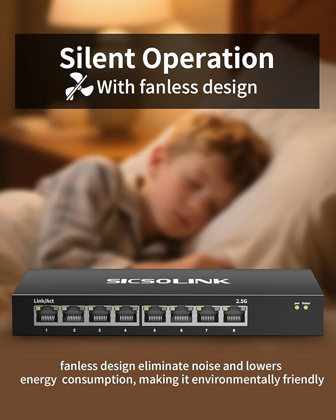 2.5Gb Switch, 8*2.5g Base-T Port Network Switch 2.5 Gigabit, Unmanaged Ethernet Switch for Gaming PC, NAS, 60Gbps Capacity, Fanless Silent, Desktop& Wall Mount. (8 Port 2.5gb Switch)
