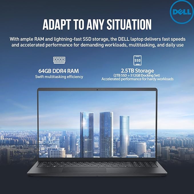 Dell Inspiron 15 3000 Laptop Computer, FHD 15.6 Laptop Notebook PC, AMD Ryzen 7, Windows 11 Pro, 64GB RAM, 2TB SSD+512GB Docking Set, Lifetime Microsoft Office, 10-Key Number Pad