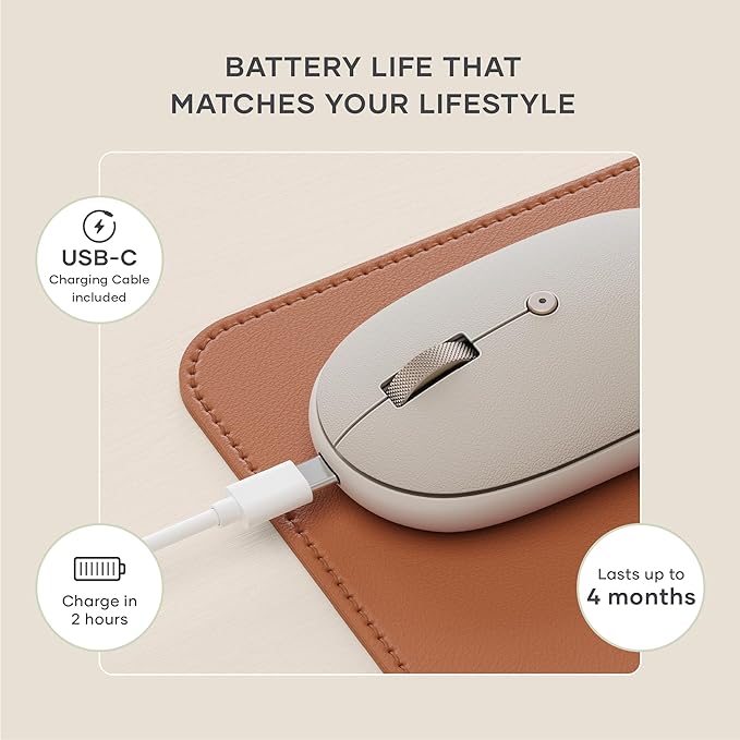Satechi OntheGo Bluetooth Mouse with USB C Rechargeable Battery, Connect up 3 Devices, Compact and Portable Wireless Mouse for Laptop, Computer, Tablet – Sand