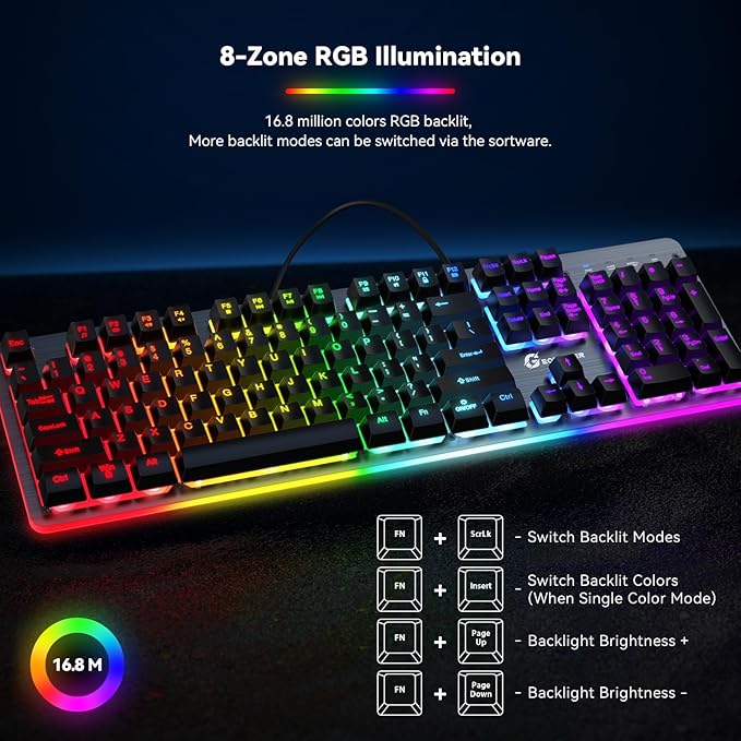 RGB Backlit Wired Gaming Keyboard, 104 Keys, 8-Zone RGB Illumination, Metal Top Cover, Programmable Macro Full Size Keyboard for PC Laptop Mac Xbox