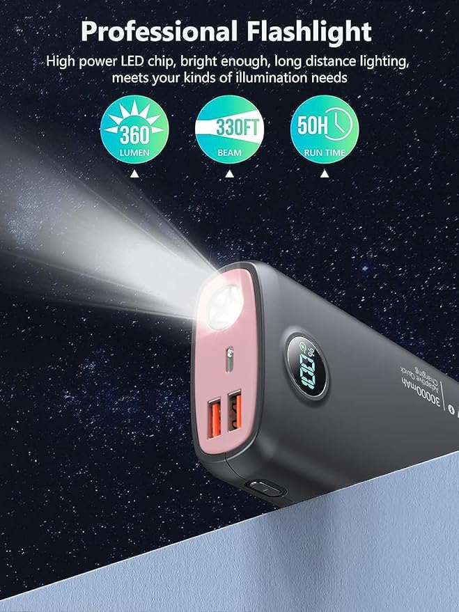 Portable Charger, 30000mAh QC4.0 PD3.0 30W USB C Fast Charging, Power Bank with 3W Flashlight and Led Display, External Battery Pack Travel Essentials for iPhone 17 16, Galaxy, LG, Tablet, and More