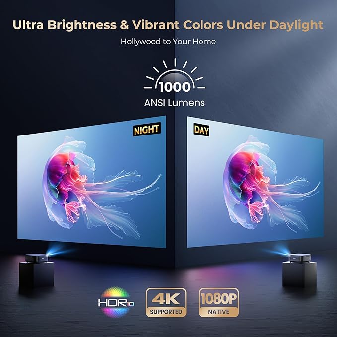 [1000 ANSI & Audio by DBX-TV] Alvar 4K Projector with WiFi 6 and Bluetooth, 30W Speakers, NetfIix Certified & DoIby Audio Outdoor Proyector, Auto Focus Native 1080P Smart Projector, Black