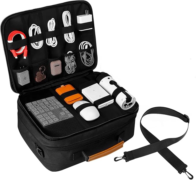 Large Electronics Organizer, Cable Organizer Bag with Shoulder Strap, Electronics Accessories Storage Carry Case, Double Layer Cord Bags for Cord &Tablet, Headphone, Charger, Tools, DJ Gifts