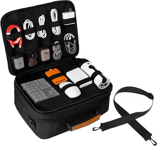 Large Electronics Organizer, Cable Organizer Bag with Shoulder Strap, Electronics Accessories Storage Carry Case, Double Layer Cord Bags for Cord &Tablet, Headphone, Charger, Tools, DJ Gifts