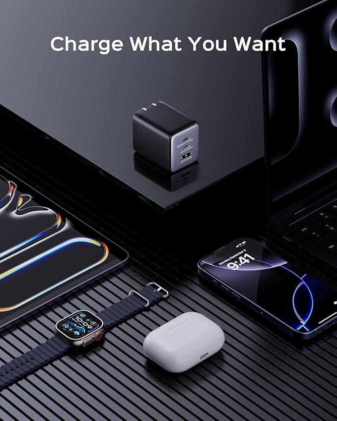 100W USB C Charger Block, 3-Port Compact Foldable Power Adapter USB Wall Charger for MacBook Pro/Air, Dell XPS, iPad Pro, iPhone Series, Galaxy S25/S24, and More (Black)